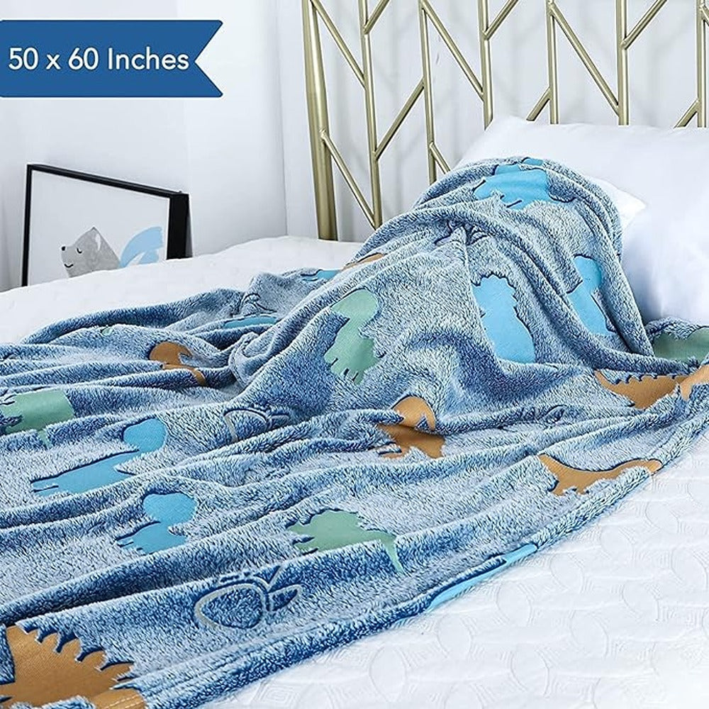 Blue Dino Glow in The Dark Blanket | Luminous Throw Fluffy Blanket