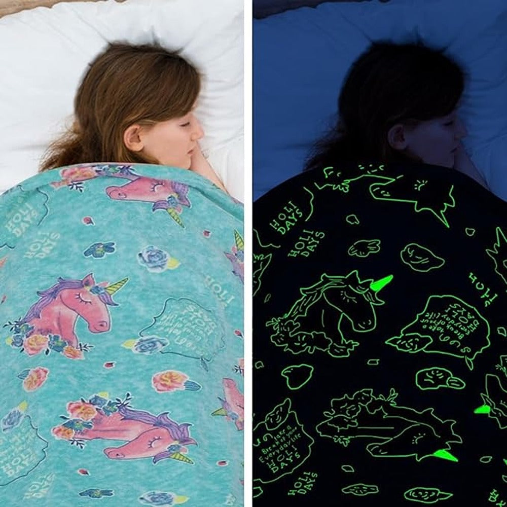 Unicorn Glow in The Dark Green Fluffy Luminous Throw Blanket (Sky Blue)