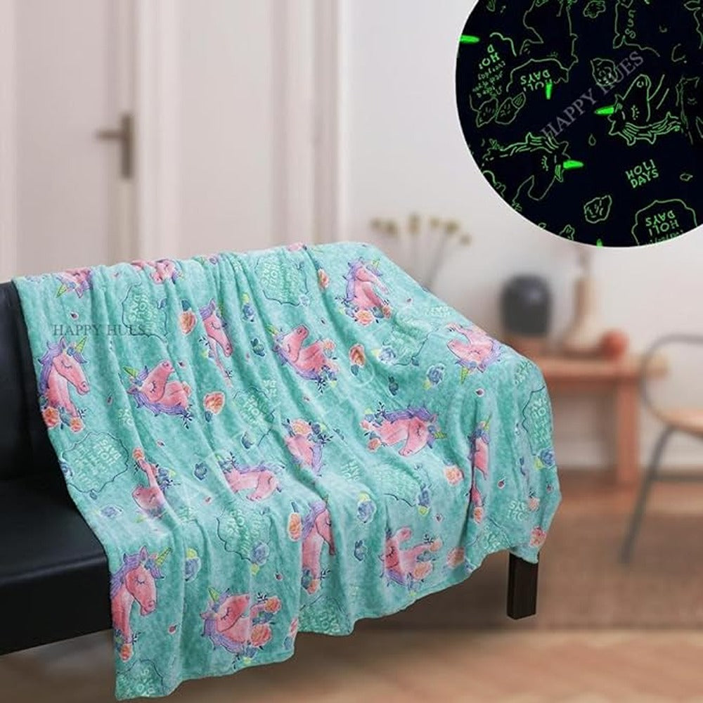 Unicorn Glow in The Dark Green Fluffy Luminous Throw Blanket (Sky Blue)