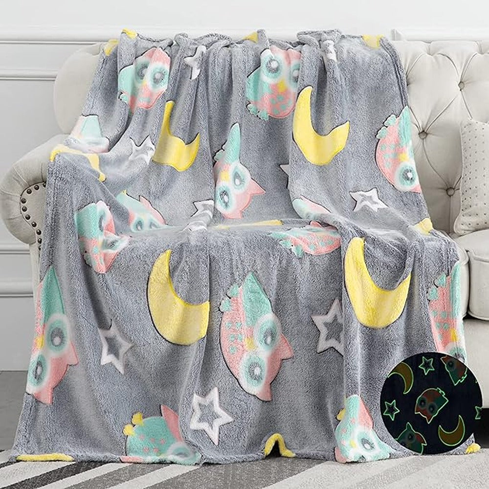 Owl Print Glow in The Dark Blanket | Lightweight Throw Blanket | Grey