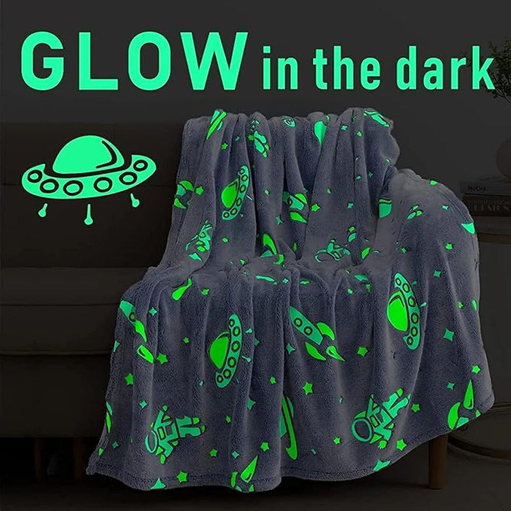 Space Themed Glow in Dark Blanket for Kids (Blue)