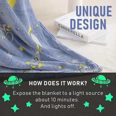 Space Themed Glow in Dark Blanket for Kids (Blue)