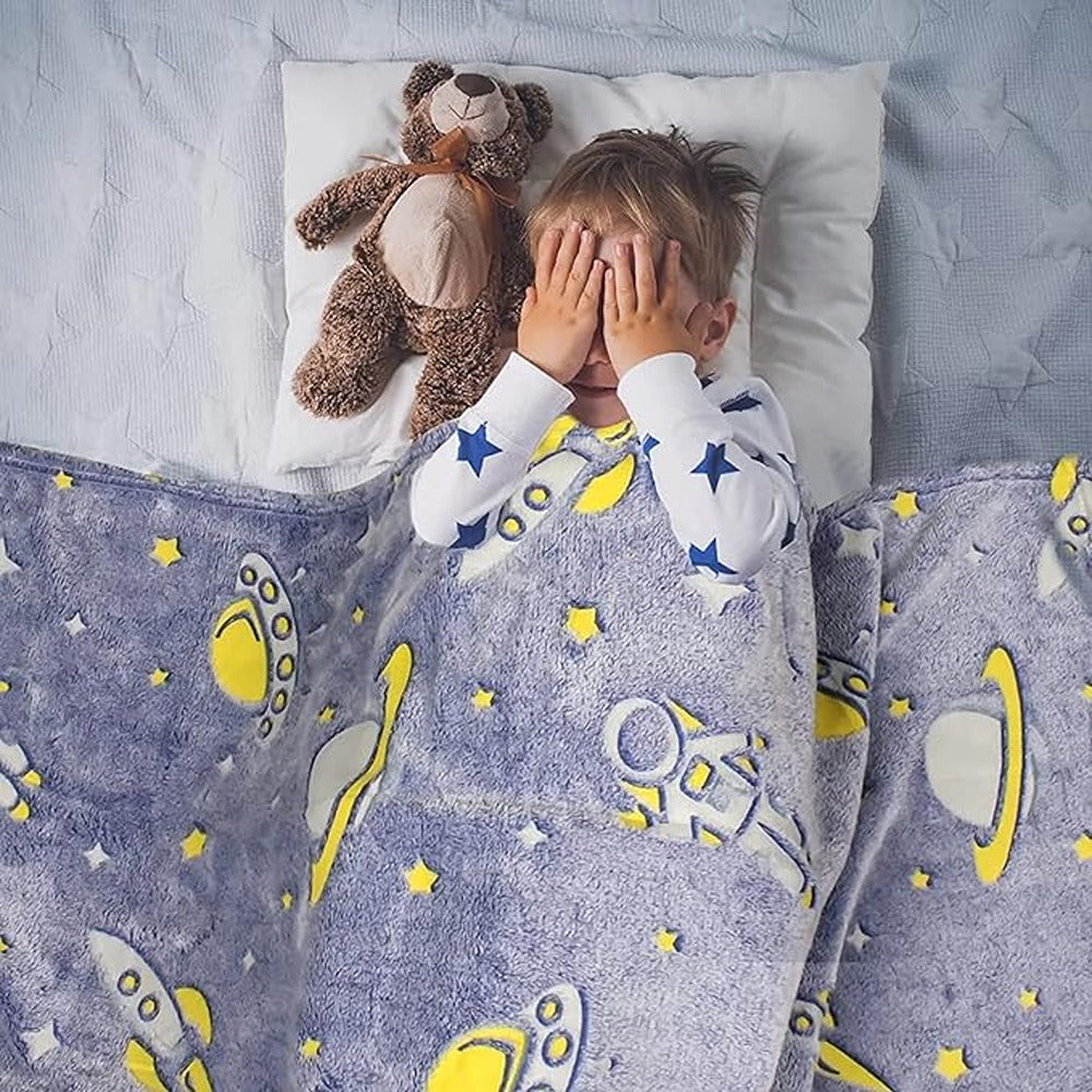 Space Themed Glow in Dark Blanket for Kids (Blue)