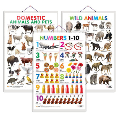 Domestic Animals and Pets, Wild Animals and Numbers 1-10 Early Learning Educational Charts - Set of 3