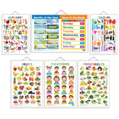 Alphabet, Fruits, Vegetables, Colours, Months Of The Year And Daysof The Week And Emotions Early Learning Educational Charts - Set of 6