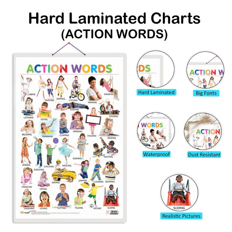 Fruits, Vegetables, Domestic Animals And Pets And Action Words Early Learning Educational Charts - Set of 4