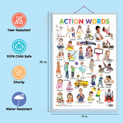 Fruits, Vegetables, Domestic Animals And Pets And Action Words Early Learning Educational Charts - Set of 4