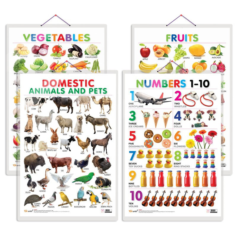 Fruits, Vegetables, Domestic Animals And Pets And Numbers 1-10 Early Learning Educational Charts - Set of 4
