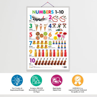 Fruits, Vegetables, Domestic Animals And Pets And Numbers 1-10 Early Learning Educational Charts - Set of 4