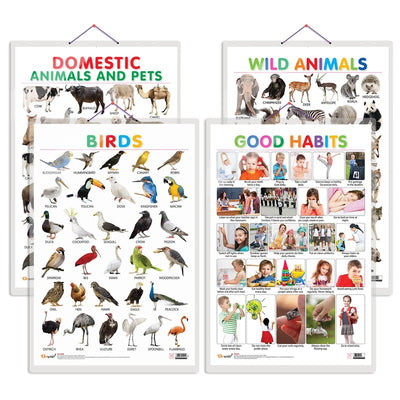 Set of 4 Domestic Animals and Pets, Wild Animals, Birds and Good Habits Early Learning Educational Charts