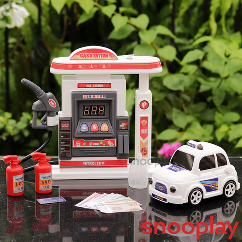 Electronic Petrol Pump Gas Station Playset with Toy Car, Accessories & Stickers (3-8 Years)