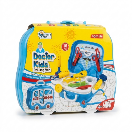 Mamma Mia Doctor Kids Rolling Van | 16-Piece Doctor Set | Pretend Play Medical Kit with Rolling Carry Case