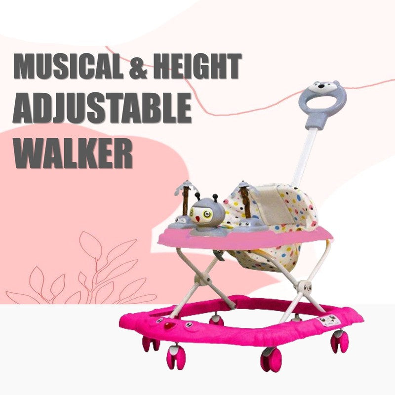 Baby Foldable Activity Walker with Rattles, Parent Handle Rod & Adjustable Height (9 Months to 1.5 Years) | COD Not Available | Pink