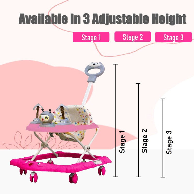 Baby Foldable Activity Walker with Rattles, Parent Handle Rod & Adjustable Height (9 Months to 1.5 Years) | COD Not Available | Pink