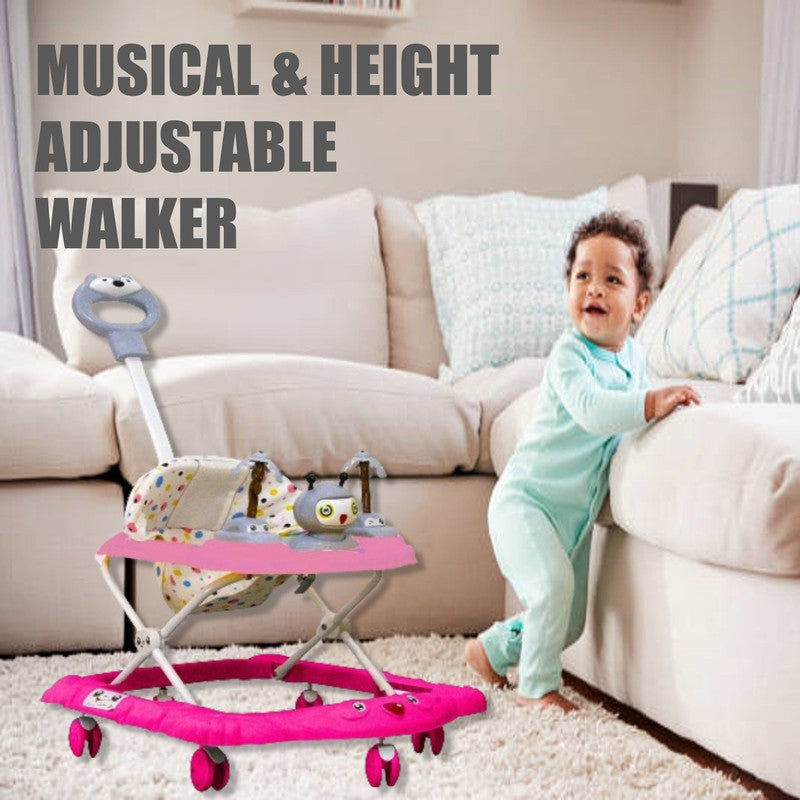 Baby Foldable Activity Walker with Rattles, Parent Handle Rod & Adjustable Height | Ginger  | Pink