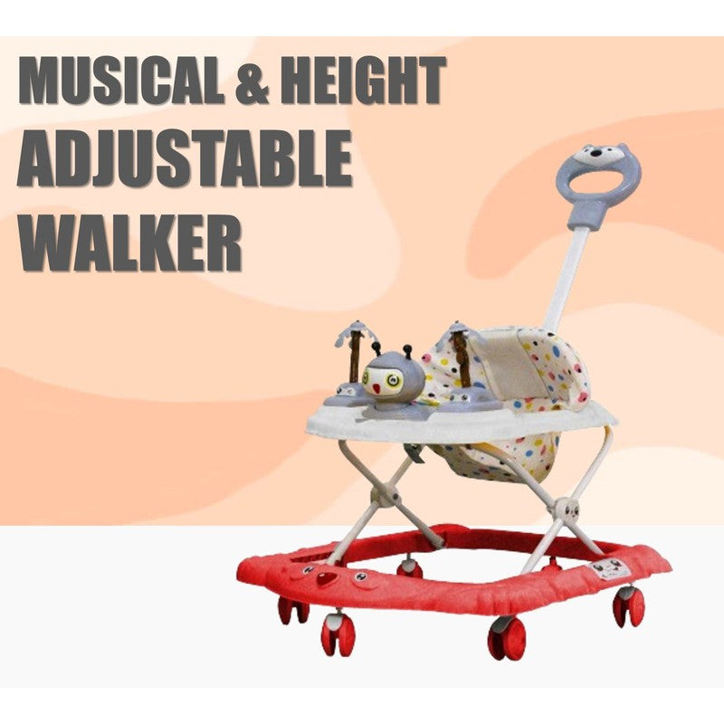 Baby Foldable Activity Walker with Rattles, Parent Handle Rod & Adjustable Height | Ginger  | Red