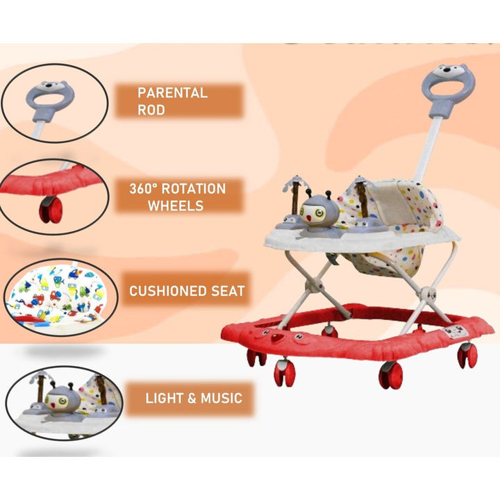 Baby Foldable Activity Walker with Rattles, Parent Handle Rod & Adjustable Height (9 Months to 1.5 Years) | Ginger  | Red