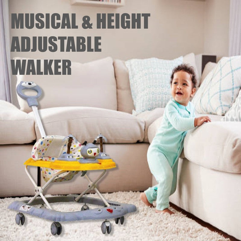 Baby Foldable Activity Walker with Rattles, Parent Handle Rod & Adjustable Height | Ginger  | Yellow