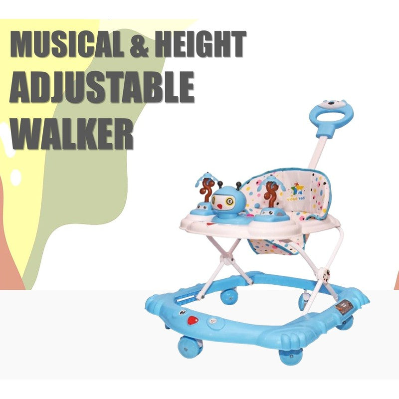 Baby Foldable Activity Walker with Rattles, Parent Handle Rod & Adjustable Height | Ginger  | Blue
