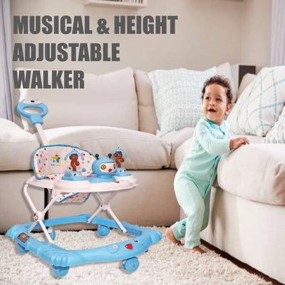 Baby Foldable Activity Walker with Rattles, Parent Handle Rod & Adjustable Height | Ginger  | Blue
