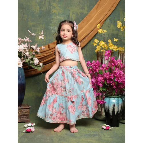 Saka Designs Pastel Blue Printed Lehenga Choli Set