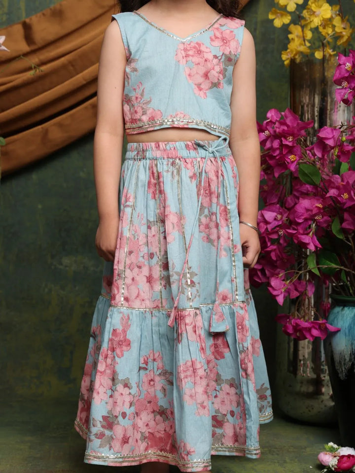 Saka Designs Pastel Blue Printed Lehenga Choli Set