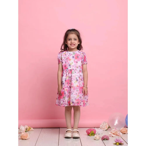 Saka Designs Girls Pink Floral Georgette Frock with Puff Sleeves