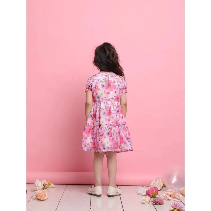 Saka Designs Girls Pink Floral Georgette Frock with Puff Sleeves