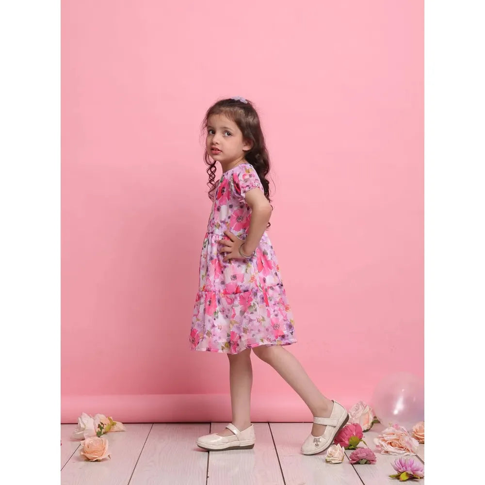 Saka Designs Girls Pink Floral Georgette Frock with Puff Sleeves