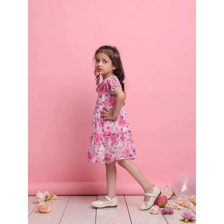 Saka Designs Girls Pink Floral Georgette Frock with Puff Sleeves