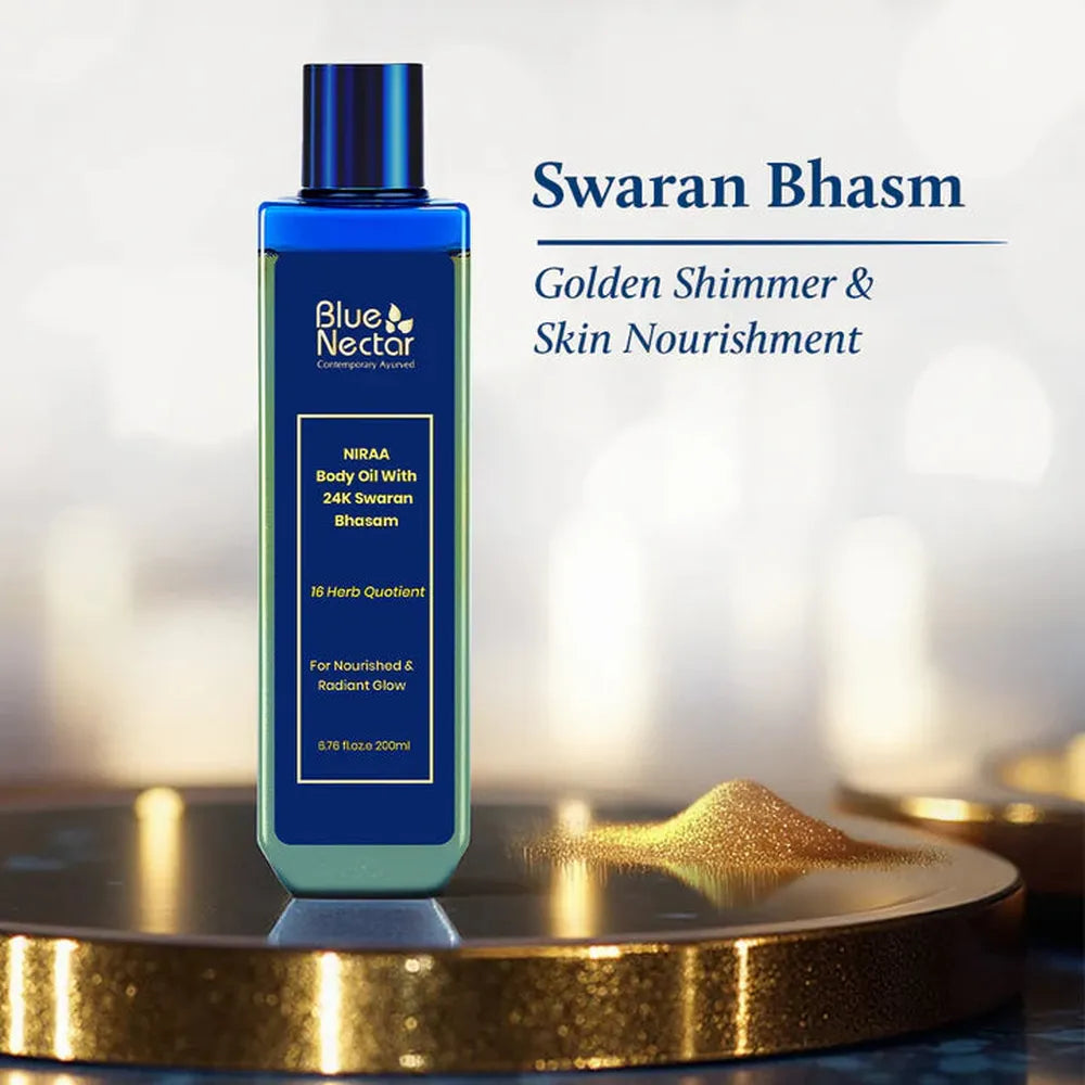 Blue Nectar Gold Shimmer Body Oil with Swarna Bhasma for Glowing Skin (16 Herbs) - 100ml