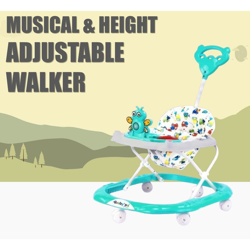 Baby Foldable Activity Walker with Rattles, Parent Handle Rod & Adjustable Height | Butterfly  | Green