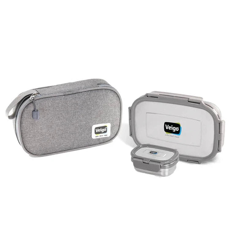 On the Go Combo- 1 Large Stainless Steel Lunch Box with 1 Small Veg Box Inside (630ml + 180ml) comes with Flat Insulated Lunch Bag Suitable for School & College