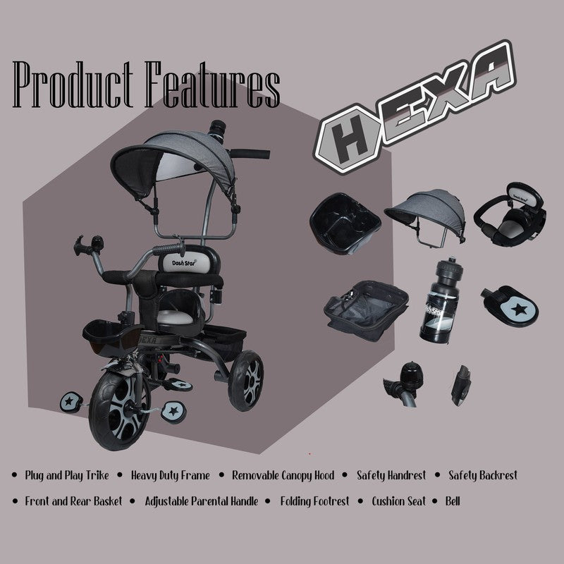 Hexa Super Tricycle for Kids | Smart Plug & Play with Canopy, Storage Basket | Black | COD Not Available