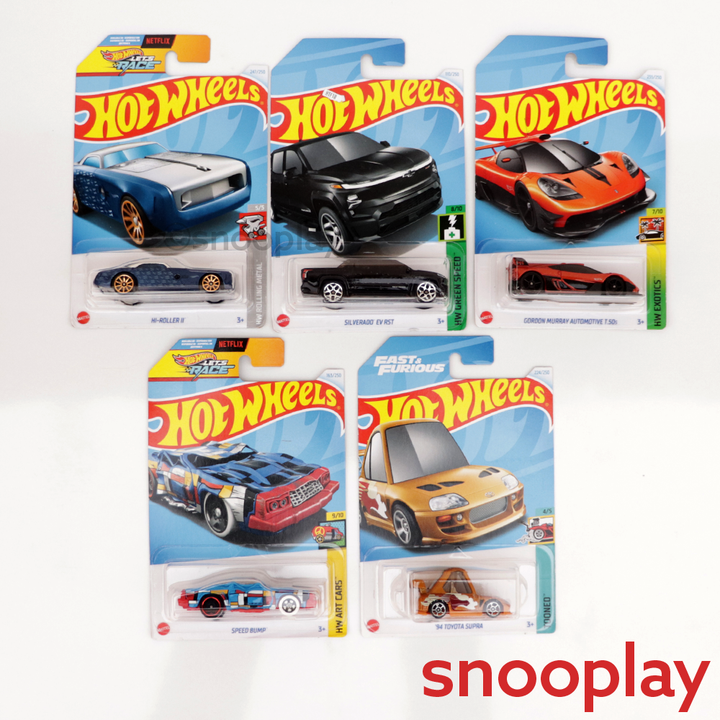 Set of 5 Hot wheels [HW 216] - Silverado EV RST, Gordon Murray Automotive T.50s, '94 Toyota Supra, Speed Bump & Hi-Roller II | COD Not Available