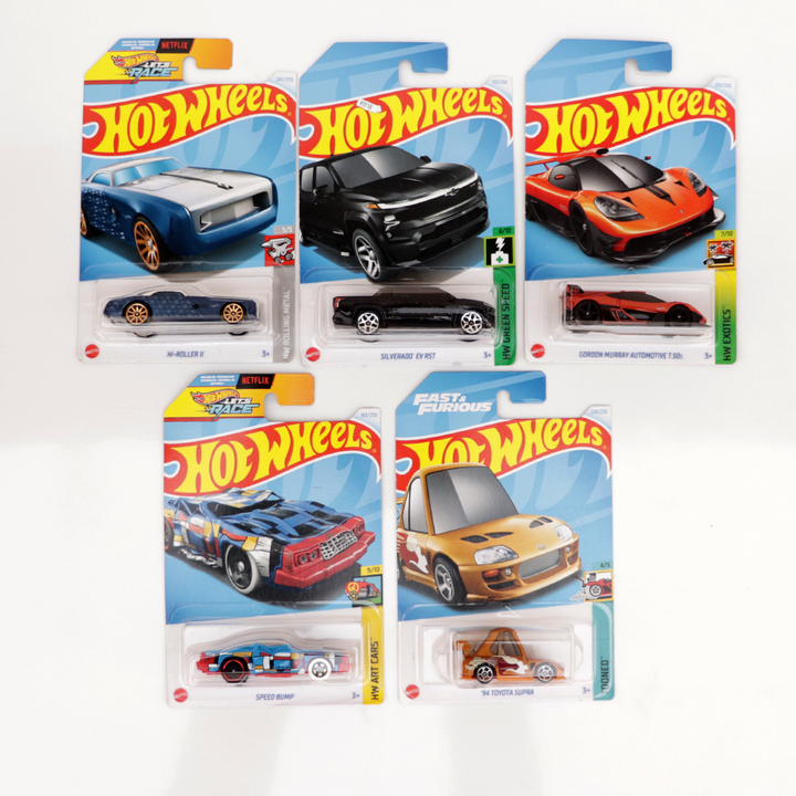 Set of 5 Hot wheels [HW 216] - Silverado EV RST, Gordon Murray Automotive T.50s, '94 Toyota Supra, Speed Bump & Hi-Roller II | COD Not Available