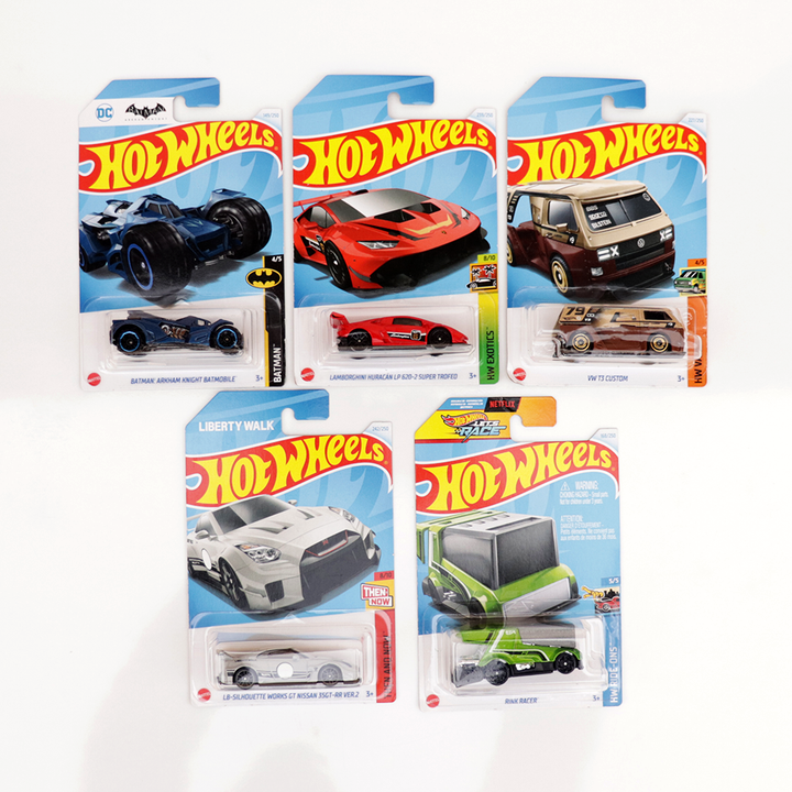 Set of 5 Hot wheels [HW 217] - Rink Racer, Lamborghini Huracan LP 620-2 Super Trofeo, VW T3 Custom, LB- Silhouette Works GT Nissan 35GT-RR VER.2 & Batman: Arkham Knight Batmobile | COD Not Available