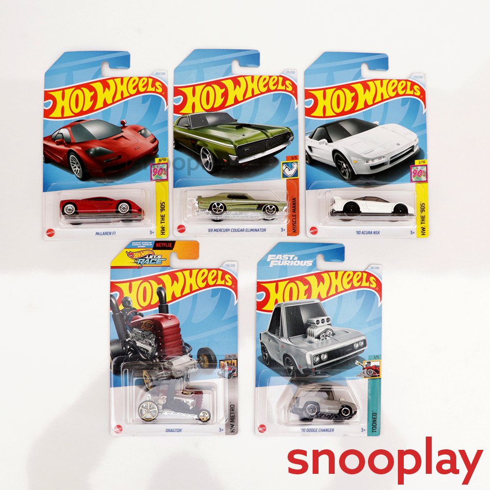 Set of 5 Hot wheels [HW 222] - '90 Acura NSX, '70 Dodge Charger, Dragtor, McLaren F1 & '69 Mercury Cougar Eliminator | COD Not Available