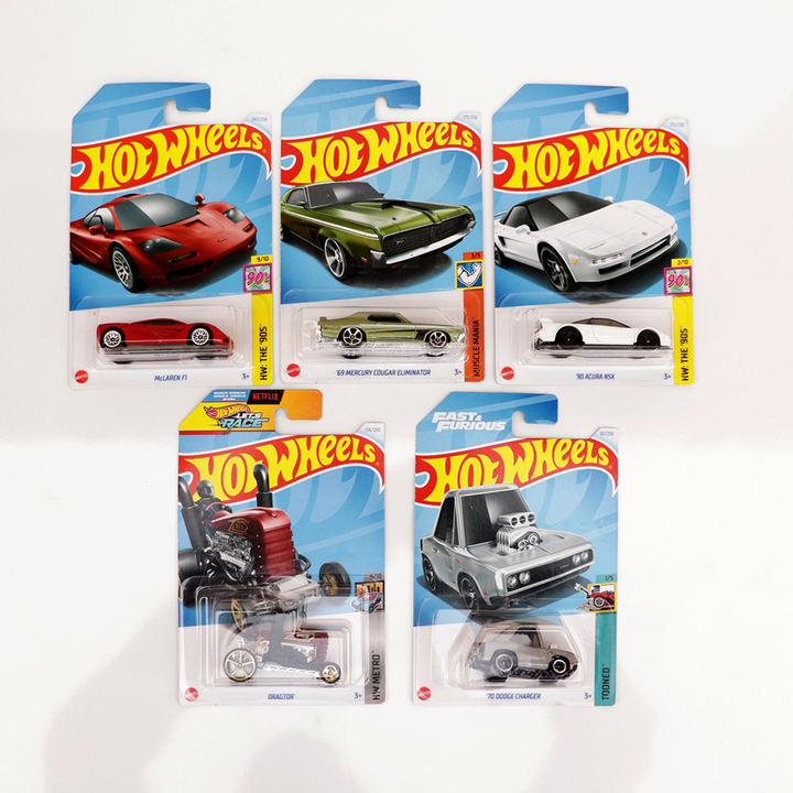 Set of 5 Hot wheels [HW 222] - '90 Acura NSX, '70 Dodge Charger, Dragtor, McLaren F1 & '69 Mercury Cougar Eliminator | COD Not Available