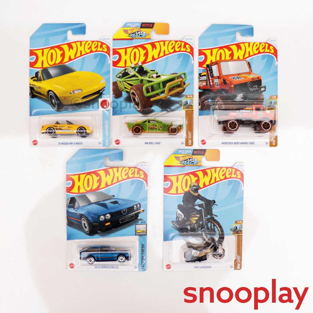 Set of 5 Hot wheels [HW 223] - Alfa Romeo GTV6 3.0, Tred Shredder, Mercedes-Benz Unimog 1300L, HW Roll Cage & '91 Mazda MX-5 Miata | COD Not Available