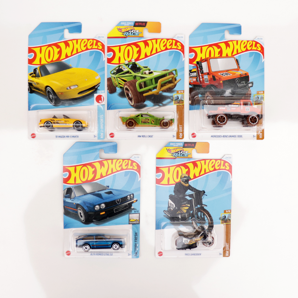 Set of 5 Hot wheels [HW 223] - Alfa Romeo GTV6 3.0, Tred Shredder, Mercedes-Benz Unimog 1300L, HW Roll Cage & '91 Mazda MX-5 Miata | COD Not Available