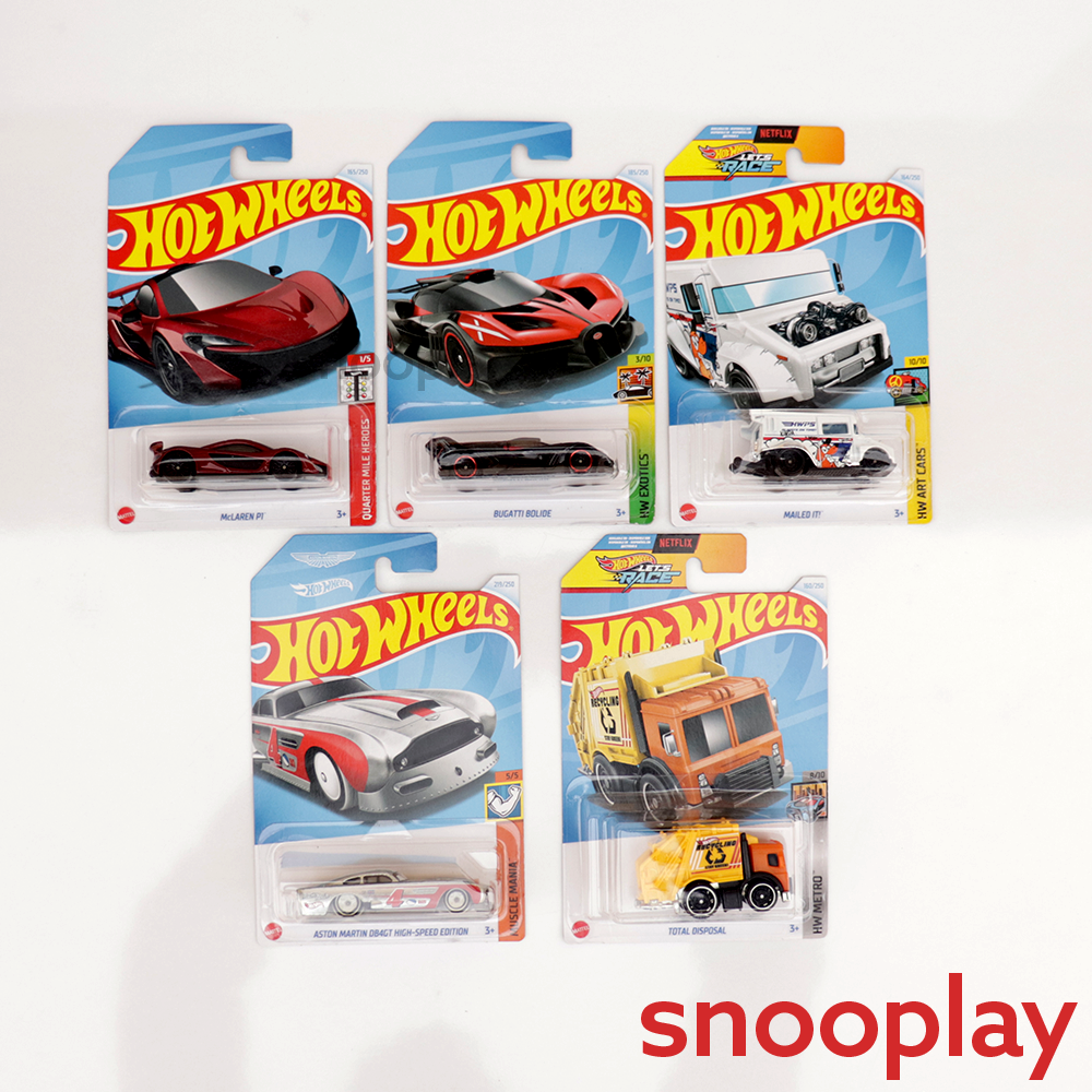 Set of 5 Hot wheels [HW 225] - McLaren P1, Mailed It, Aston Martin DB4GT High-Speed Edition, Total Disposal & Bugatti Bolide | COD Not Available