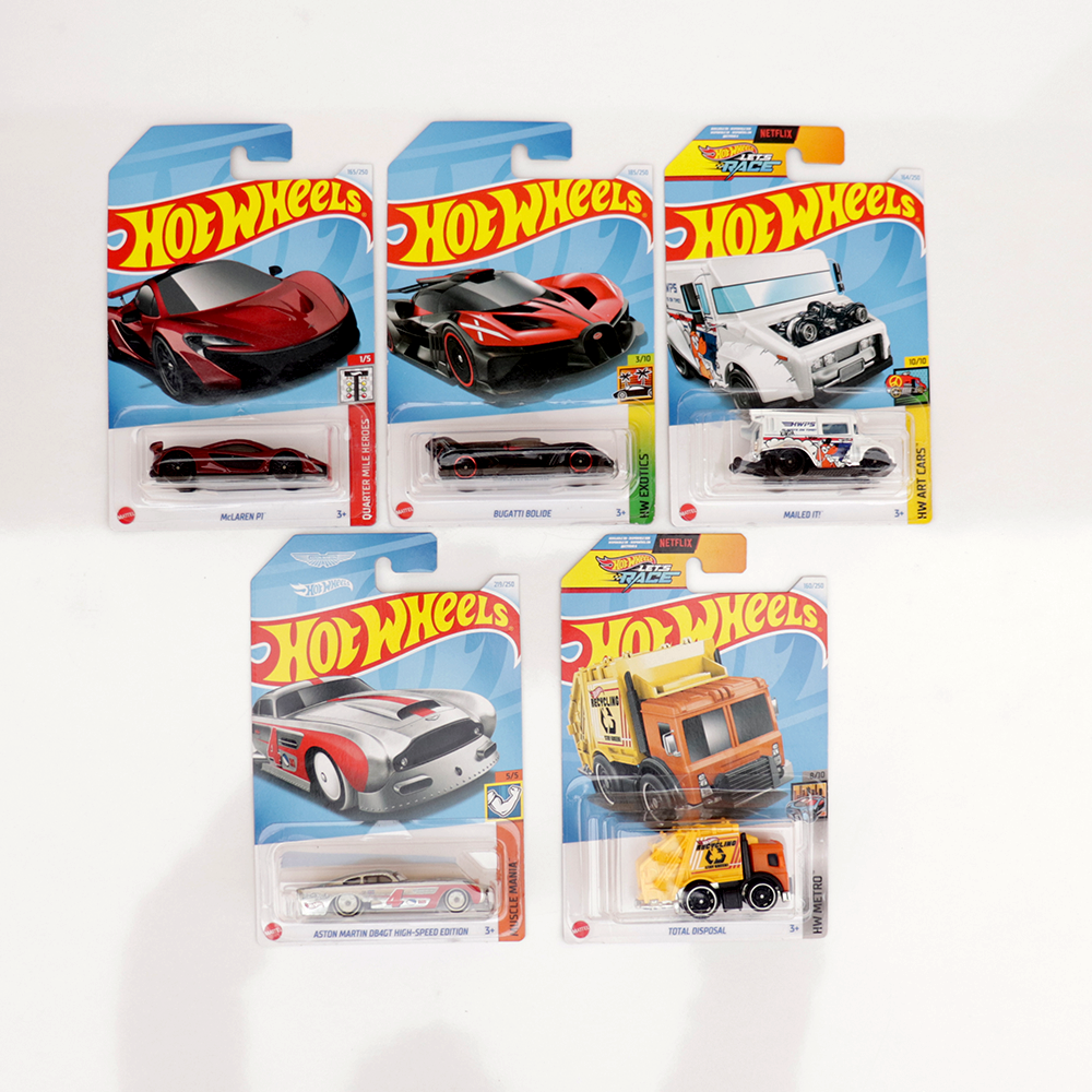 Set of 5 Hot wheels [HW 225] - McLaren P1, Mailed It, Aston Martin DB4GT High-Speed Edition, Total Disposal & Bugatti Bolide | COD Not Available