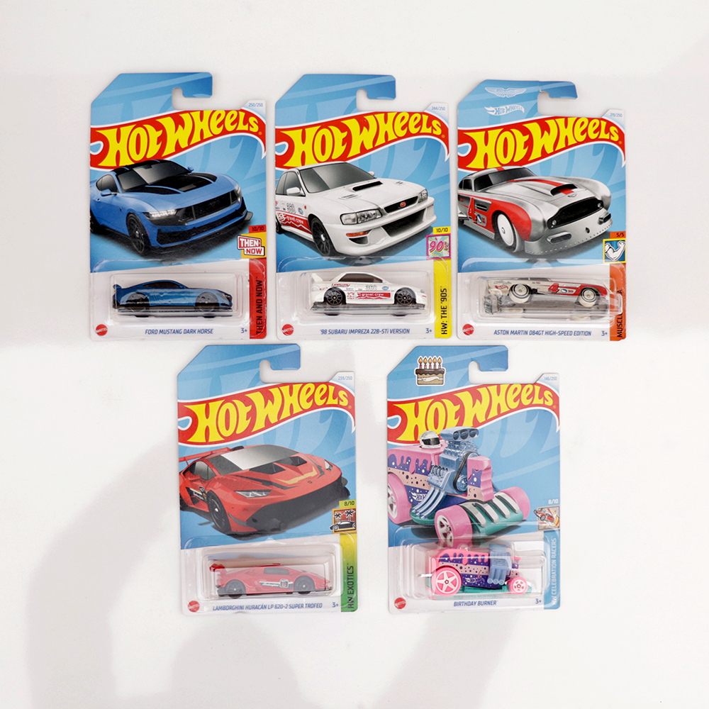 Set of 5 Hot wheels [HW 228] - Lamborghini Huracan LP 620-2 Super Trofeo, Birthday Burner, Aston Martin DB4GT High-Speed Edition, 98 Subaru Impreza 22B-STi Version & Ford Mustang Dark Horse | COD Not Available