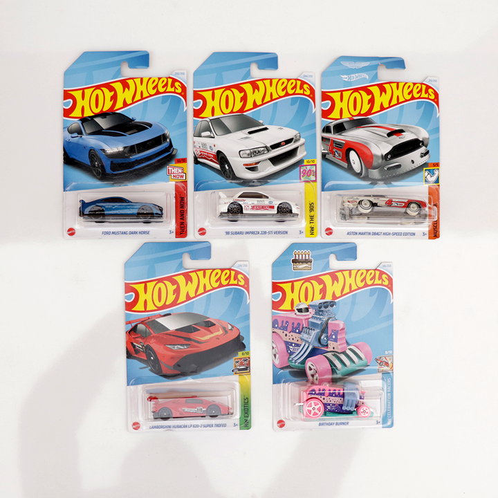 Set of 5 Hot wheels [HW 228] - Lamborghini Huracan LP 620-2 Super Trofeo, Birthday Burner, Aston Martin DB4GT High-Speed Edition, 98 Subaru Impreza 22B-STi Version & Ford Mustang Dark Horse | COD Not Available