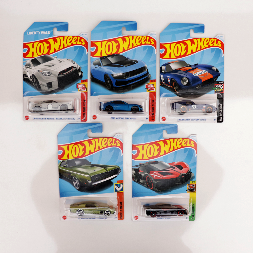 Set of Hot wheels [HW 229] '69 Mercury Cougar Eliminator, Ford Mustang  Dark Horse, Bugatti Bolide, LB-Silhouette Works GT Nissan 35GT-RR 