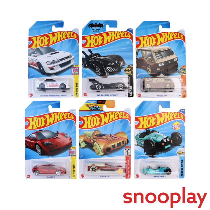 Set of 6 Hot wheels [HW 245] - '98 Subaru Impreza 22B-STi Version, Batman & Robin Batmobile, Retro-Active, Morgan Super 3, McLaren F1, VW T3 Custom