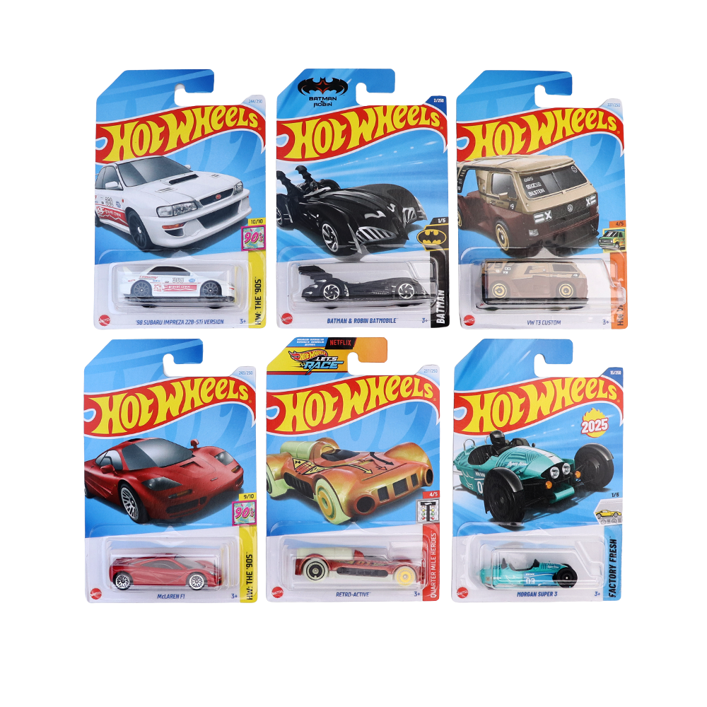 Set of 6 Hot wheels [HW 245] - '98 Subaru Impreza 22B-STi Version, Batman & Robin Batmobile, Retro-Active, Morgan Super 3, McLaren F1, VW T3 Custom