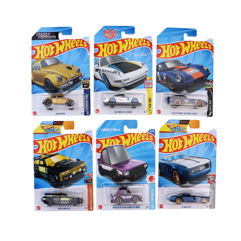 Set of 6 Hot wheels [HW 247] - HI-Roller II, Track Dwagon, '96 Porsche Carrera, Nissan Skyline 2000GT-R LBWK, Shelby Cobra "Daytona" Coupe, Bumblebee