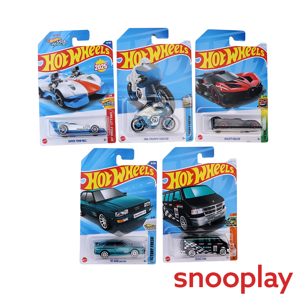 Set of 5 Hot wheels [HW 248] - '87 AUDI Quattro, Dodge Van, Bugatti Bolide, Super Twin Mill, 1966 Triumph Toger 100